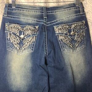 Telepatia Wide Leg Jeans Womens 15/32 Blue Embellished Back Pockets Bling Denim